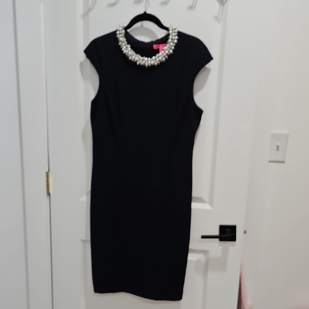 Betsey Johnson Elegant Black Midi Dress with Pearl Accents